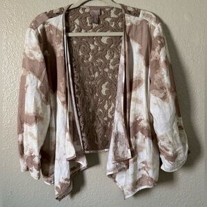 W Sz.2 (L) Chicos Lace/Linen Blend Cropped Open Cardigan 3/4 Sleeve Boho Artsy